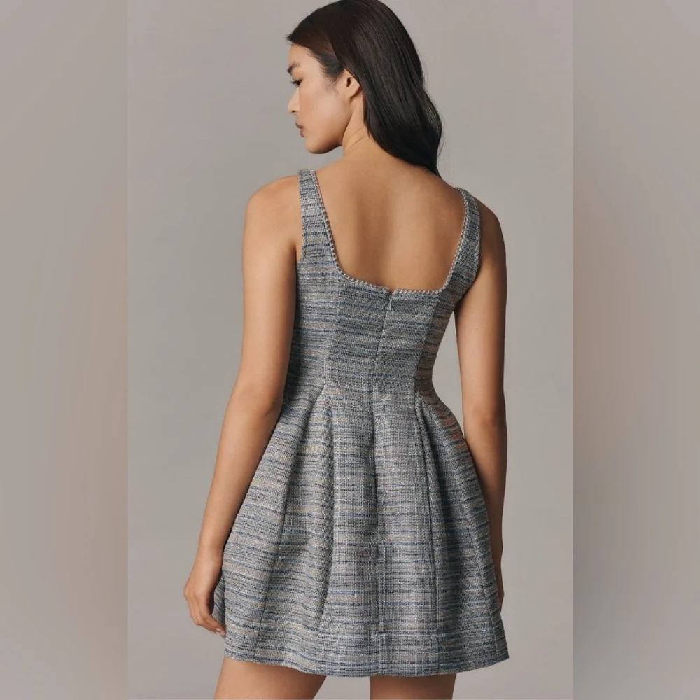 Anthropologie Sleeveless Square-neck, Tweed Fit & Flare Mini Dress, sz 14 - Picture 3 of 4